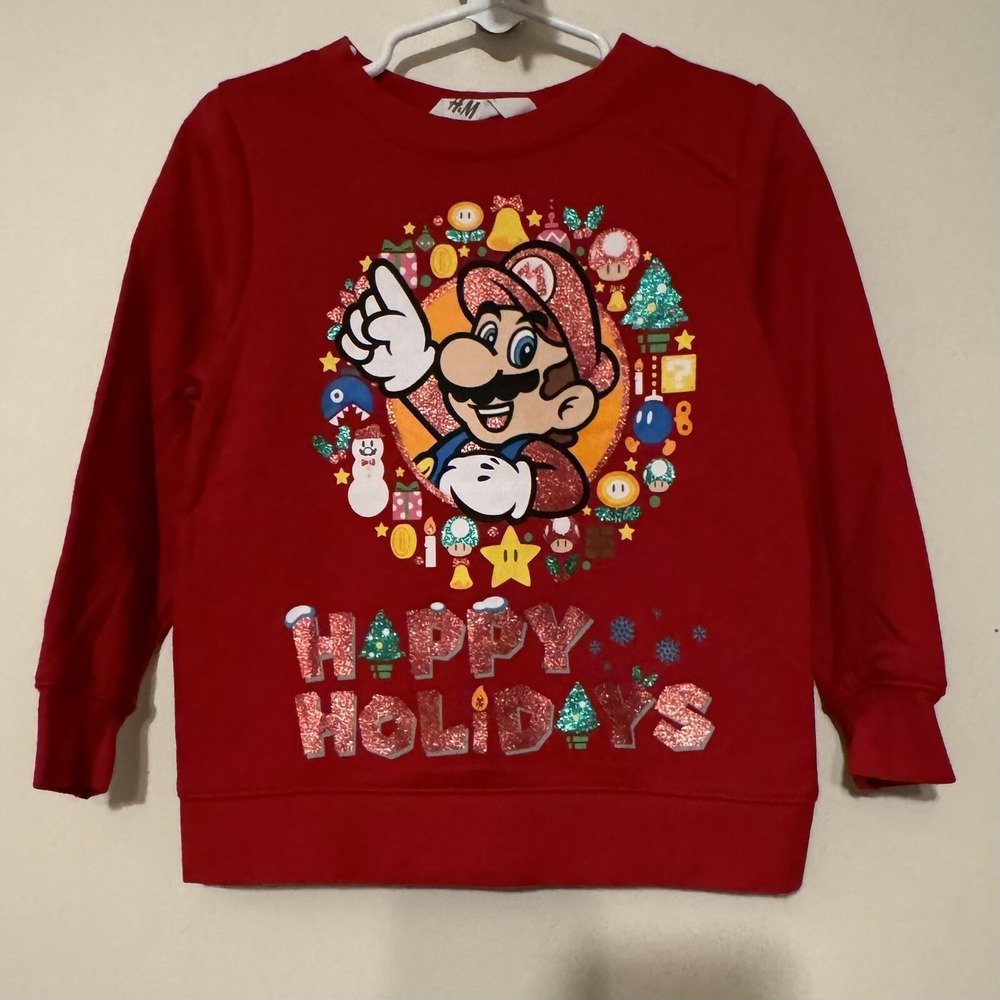 H&M Boys Red Super Mario Christmas Happy Holidays Sweater Size 3/4T HTF